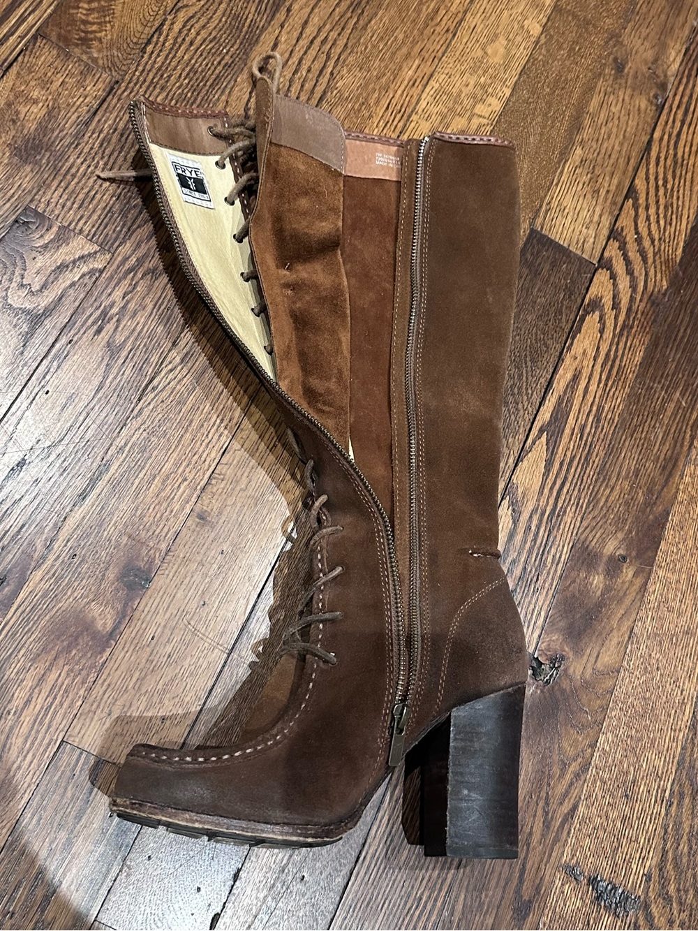 Frye Brown Suede Knee-High Lace-Up Block Heel Boots - Picture 4 of 9